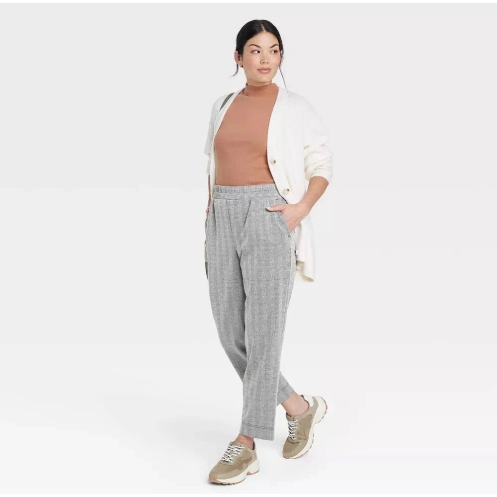 A New Day Womens Grey Glen Plaid High-Rise Ankle Pull-On Pants Grey